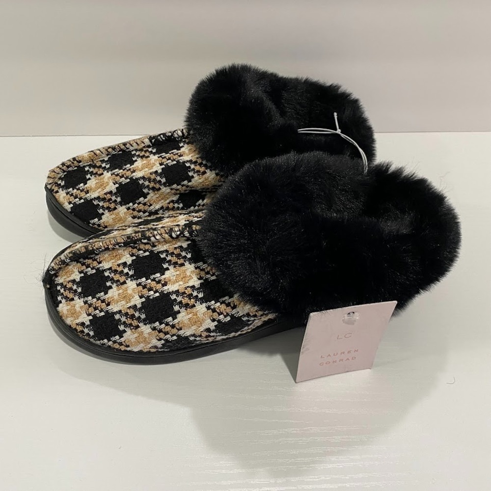 Lauren Conrad LC Women's Houndstooth Slippers Black Tan White Size S 6/7 NWT